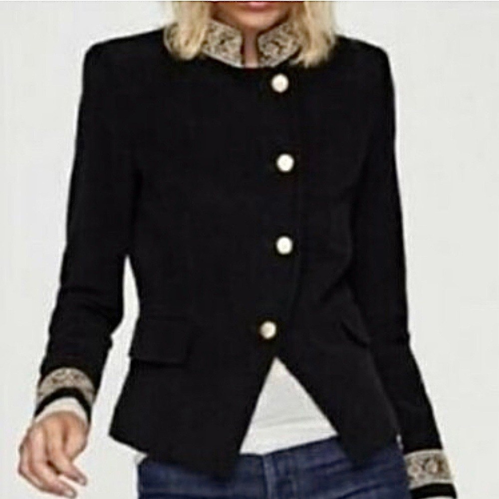 Zara Basic Collection Black Velvet Jacket Gold Trim Military XS
